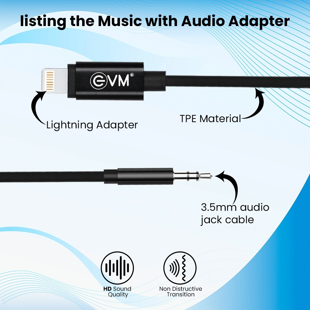 EVM iPhone Lightning to 3.5mm Aux Cable Black view 3